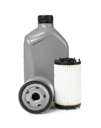 Photo of Motor oil in plastic canister and filters isolated on white