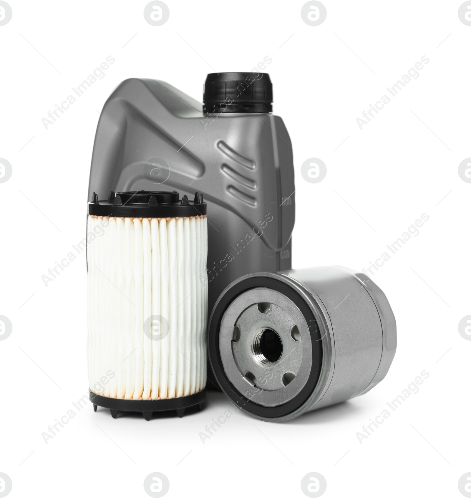 Photo of Motor oil in plastic canister and filters isolated on white