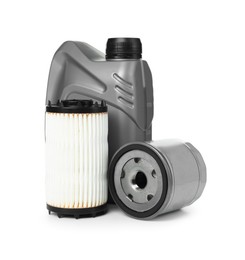 Photo of Motor oil in plastic canister and filters isolated on white