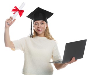 Photo of Happy student with diploma and laptop after graduation on white background