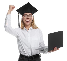 Photo of Happy student with laptop after graduation on white background