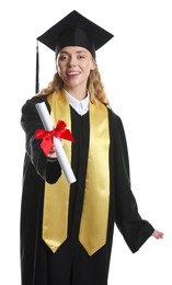 Photo of Happy student with diploma after graduation on white background