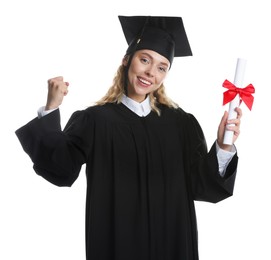 Photo of Happy student with diploma after graduation on white background