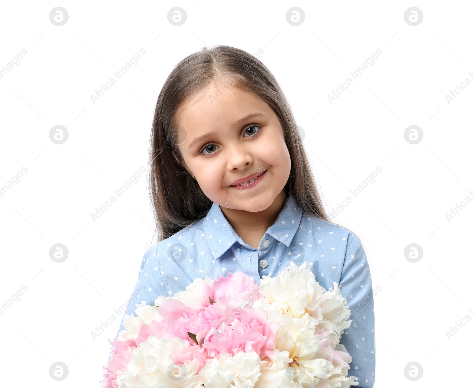 Cute little girl with bouquet of beautiful peonies on white background Photo of Cute little girl with bouquet of beautiful peonies on white background