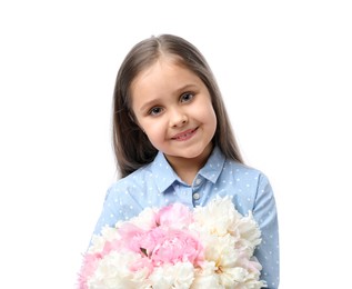 Photo of Cute little girl with bouquet of beautiful peonies on white background