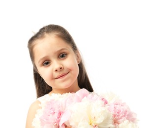 Photo of Cute little girl with bouquet of beautiful peonies on white background