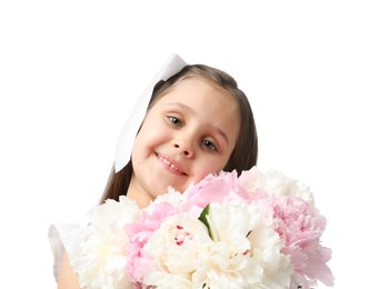 Photo of Cute little girl with bouquet of beautiful peonies on white background