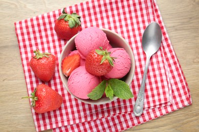 Photo of Refreshing sorbet, strawberries and mint on wooden table, top view