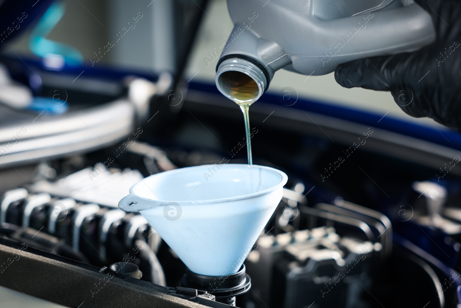 Worker pouring motor oil from canister into car engine, closeup Photo of Worker pouring motor oil from canister into car engine, closeup