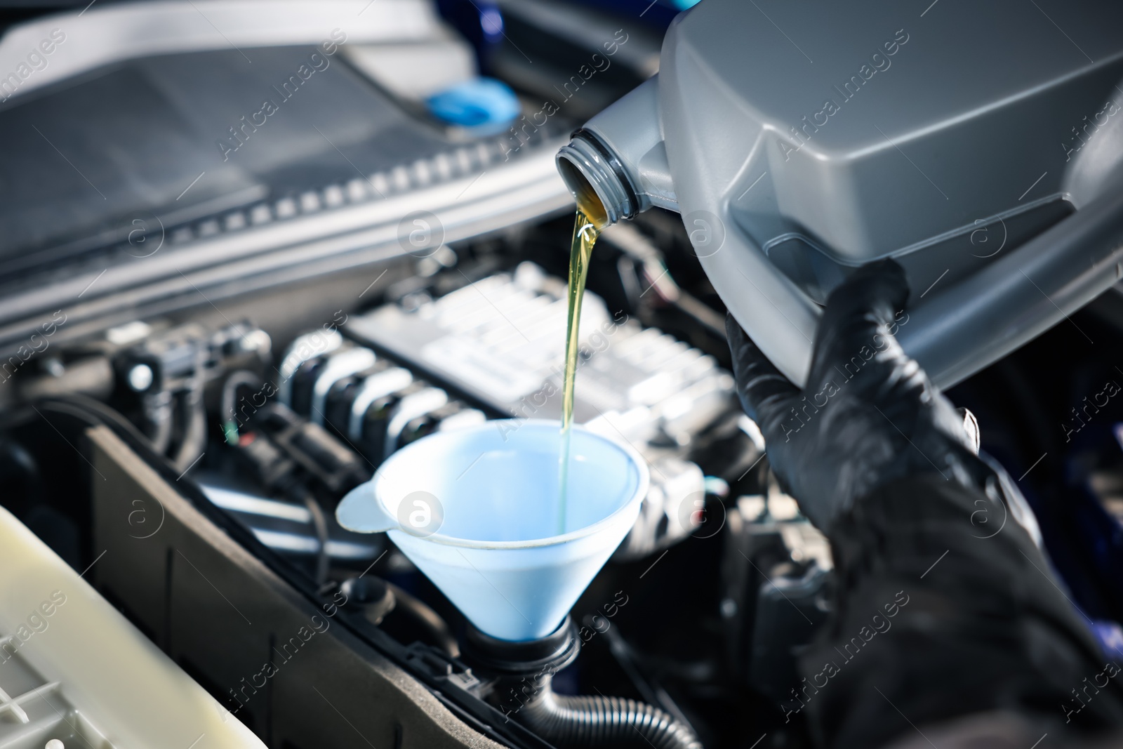 Worker pouring motor oil from canister into car engine, closeup Photo of Worker pouring motor oil from canister into car engine, closeup