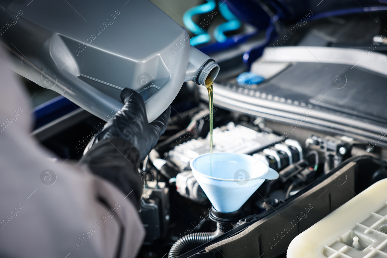 Worker pouring motor oil from canister into car engine, closeup Photo of Worker pouring motor oil from canister into car engine, closeup