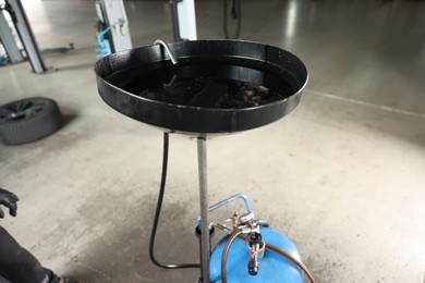 Photo of Dirty old motor oil dripping from car engine in workshop, closeup
