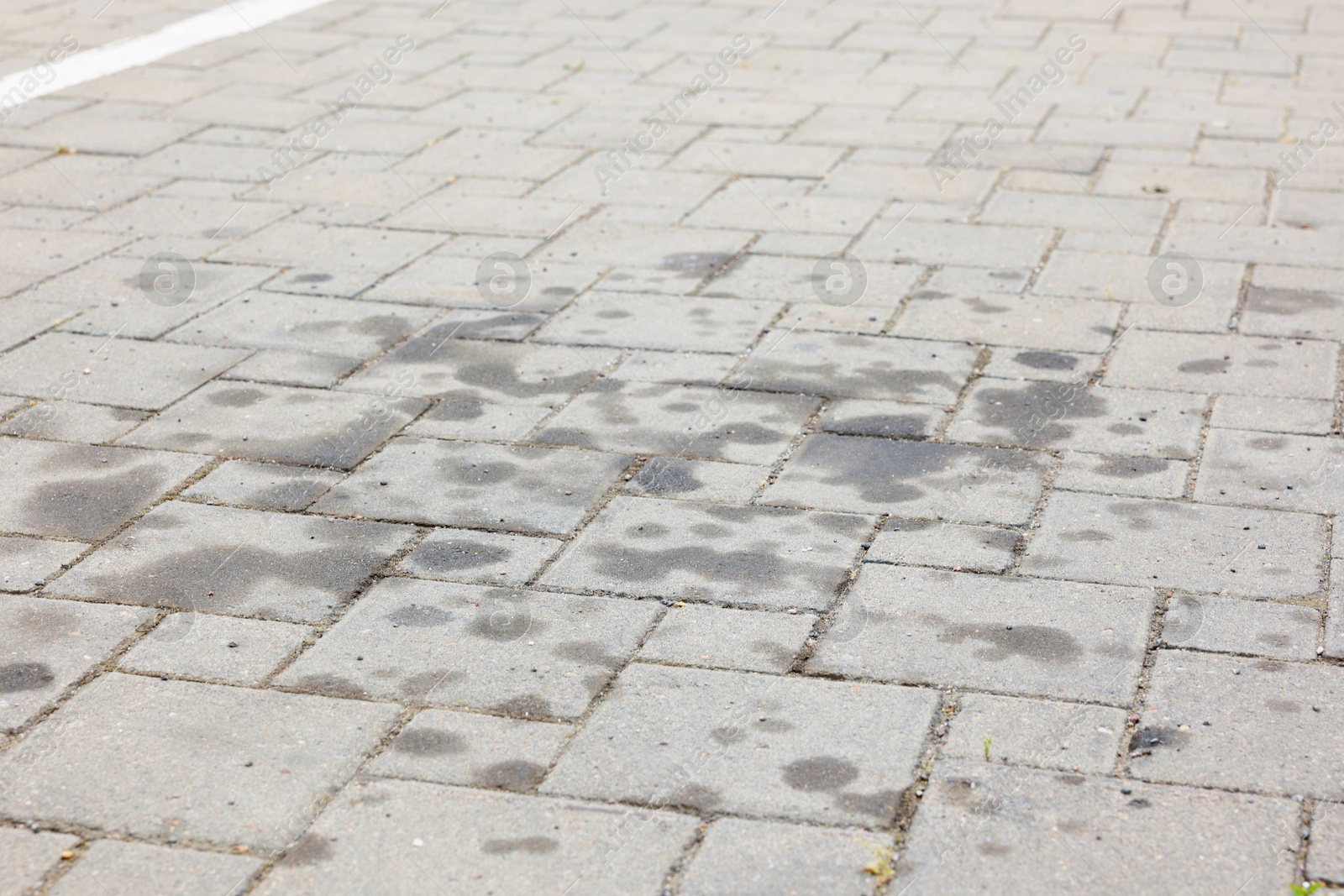 Photo of Stains of motor oil on road outdoors, closeup