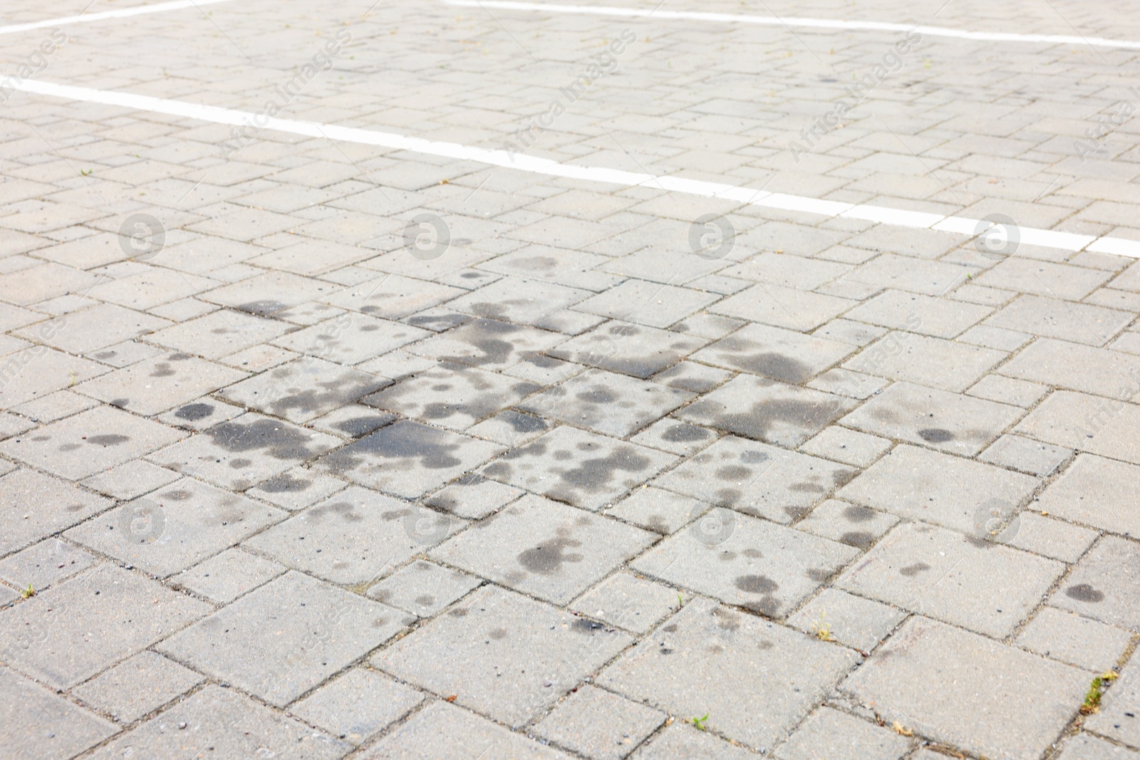 Photo of Stains of motor oil on road outdoors, closeup