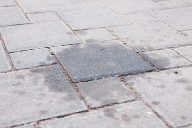 Photo of Stains of motor oil on road outdoors, closeup
