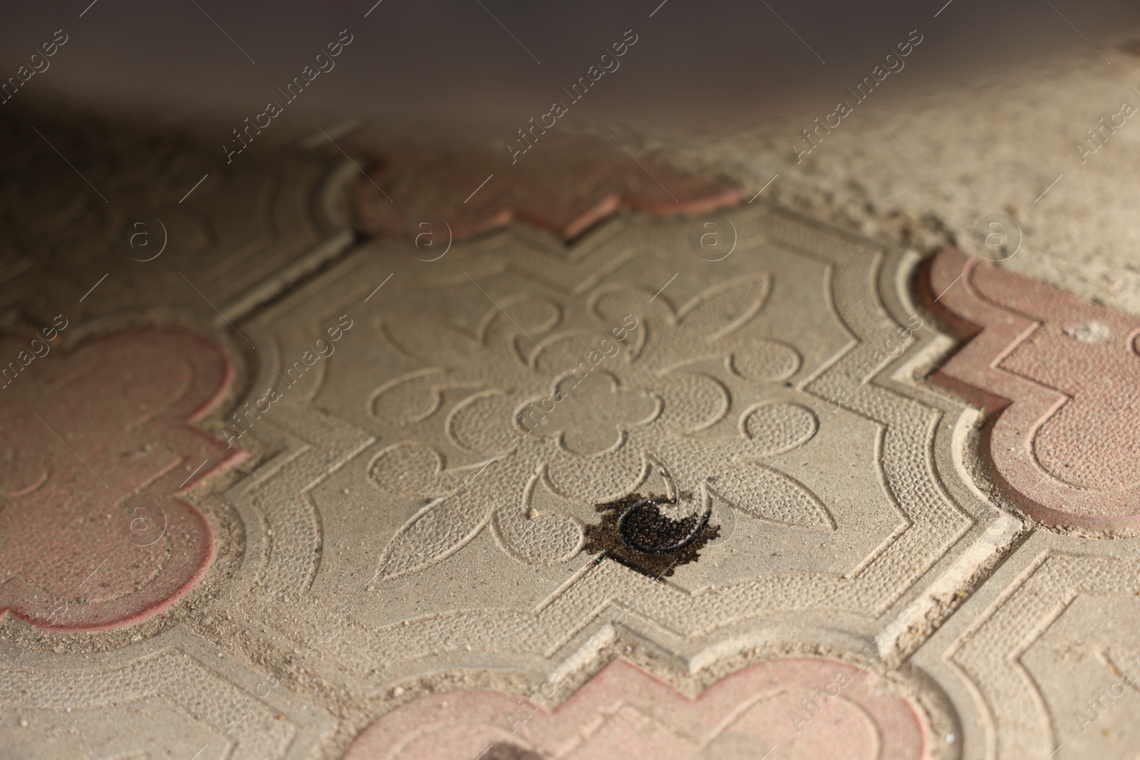 Photo of Stain of motor oil on road outdoors, closeup