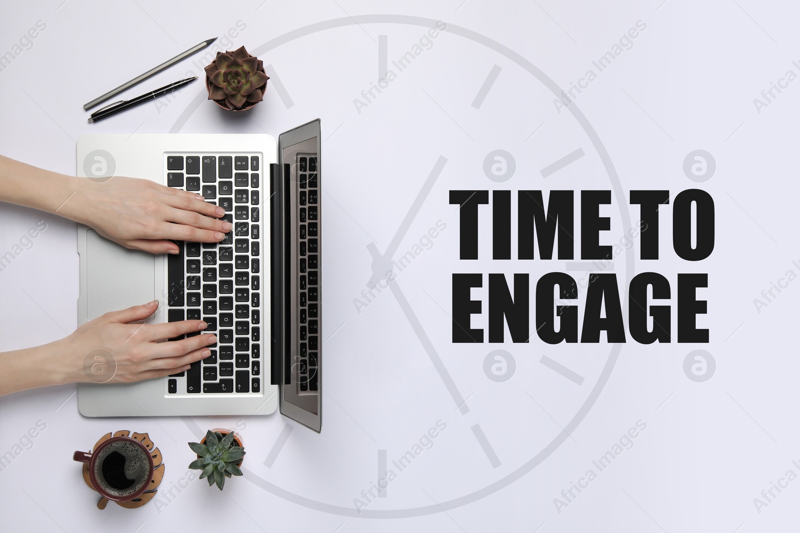 Time to engage. Woman using laptop on white background with clock, top view Image of Time to engage. Woman using laptop on white background with clock, top view