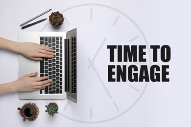 Image of Time to engage. Woman using laptop on white background with clock, top view