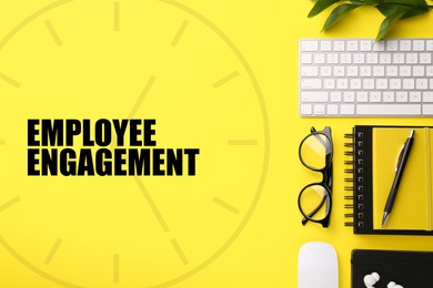 Image of Employee engagement. Flat lay composition with stationery and computer keyboard on yellow background