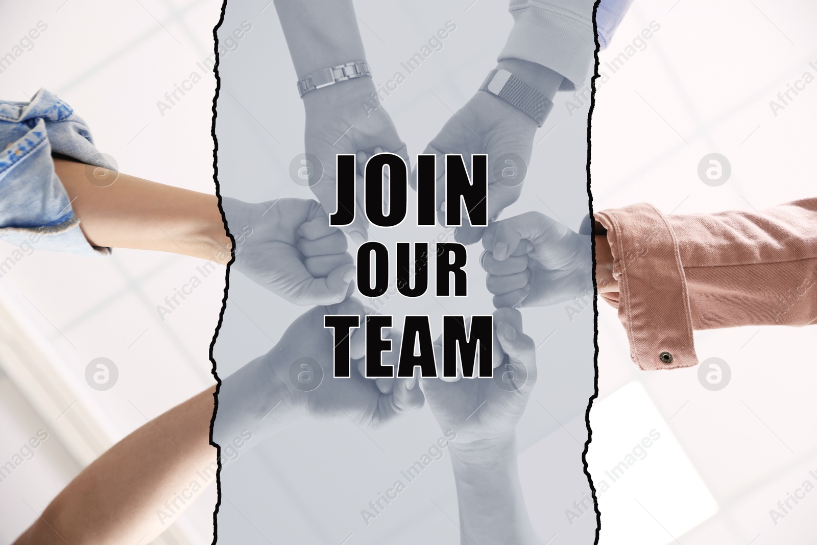 Image of Join Our Team. Group of people holding fists together indoors, bottom view. Employee search, recruitment concept