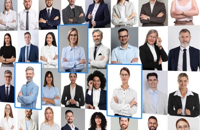 Image of Many different business people, collage of portraits. Competent candidates are highlighted. Human resources, recruitment