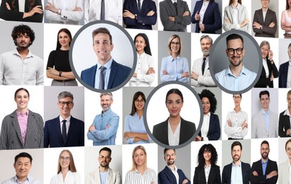 Image of Many different business people, collage of portraits. Competent candidates are highlighted. Human resources, recruitment