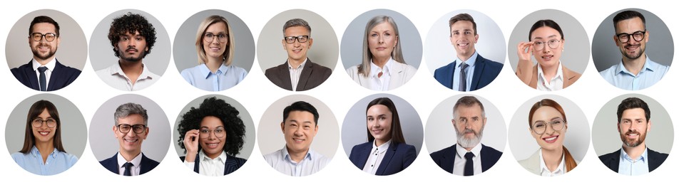 Image of Many different business people, collage of portraits on white background