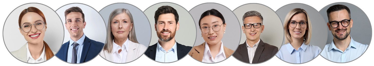 Image of Many different business people, collage of portraits on white background