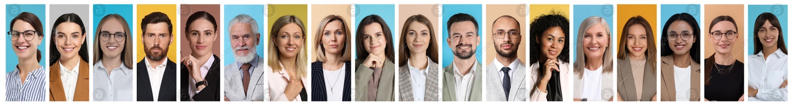 Many different business people, collage of portraits on color backgrounds Image of Many different business people, collage of portraits on color backgrounds