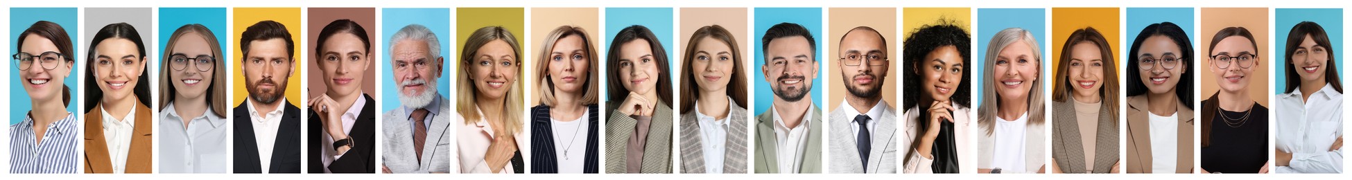 Image of Many different business people, collage of portraits on color backgrounds