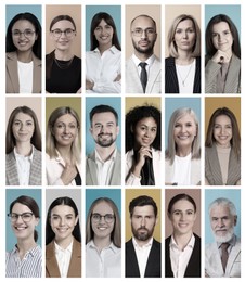 Image of Many different business people, collage of portraits on color backgrounds