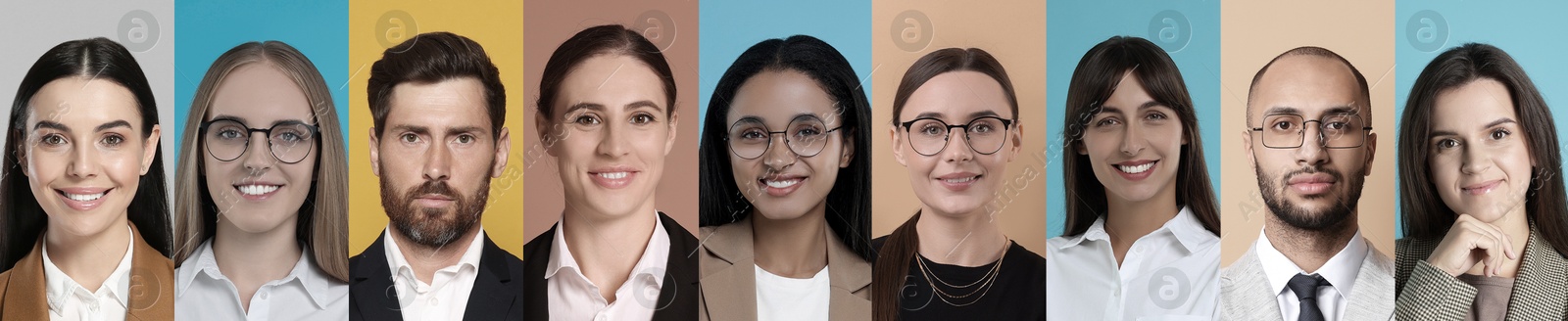 Many different business people, collage of portraits on color backgrounds Image of Many different business people, collage of portraits on color backgrounds