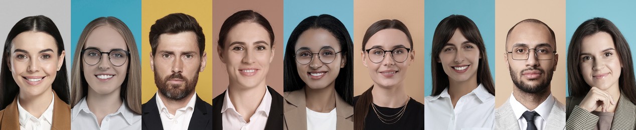 Image of Many different business people, collage of portraits on color backgrounds