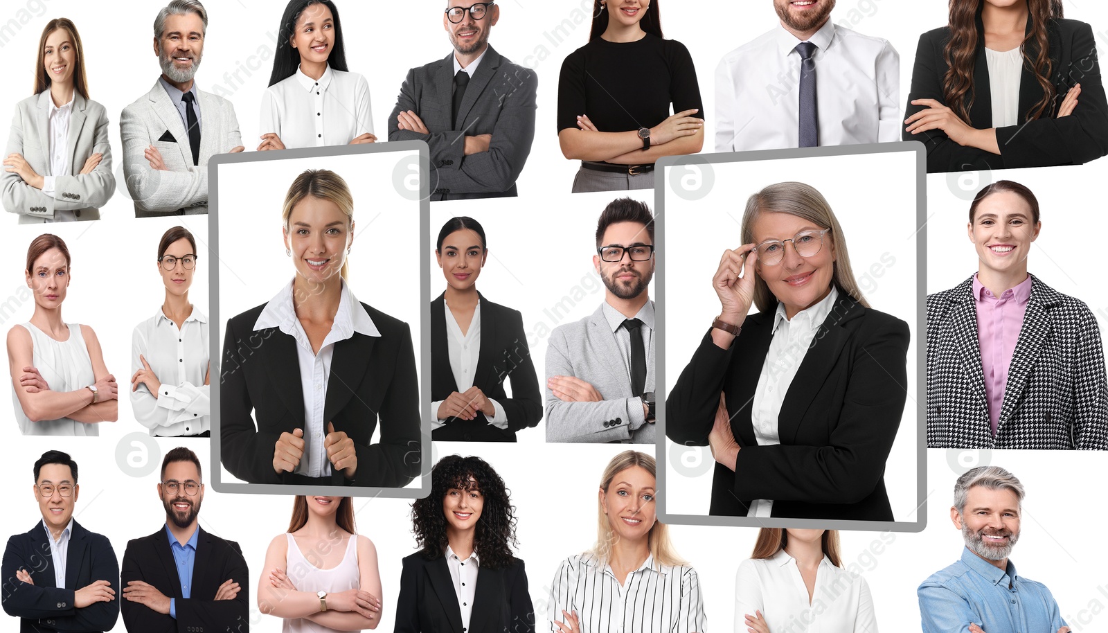 Many different business people, collage of portraits. Competent candidates are highlighted. Human resources, recruitment Image of Many different business people, collage of portraits. Competent candidates are highlighted. Human resources, recruitment