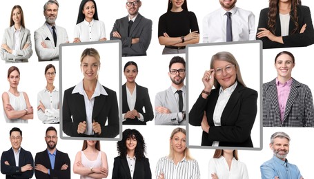 Image of Many different business people, collage of portraits. Competent candidates are highlighted. Human resources, recruitment