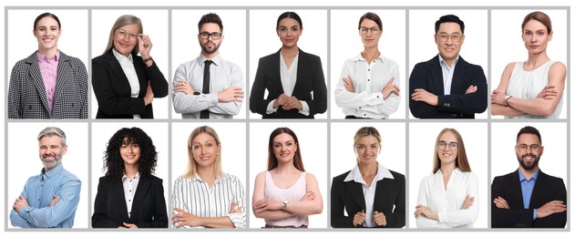 Image of Many different business people, collage of portraits on white background