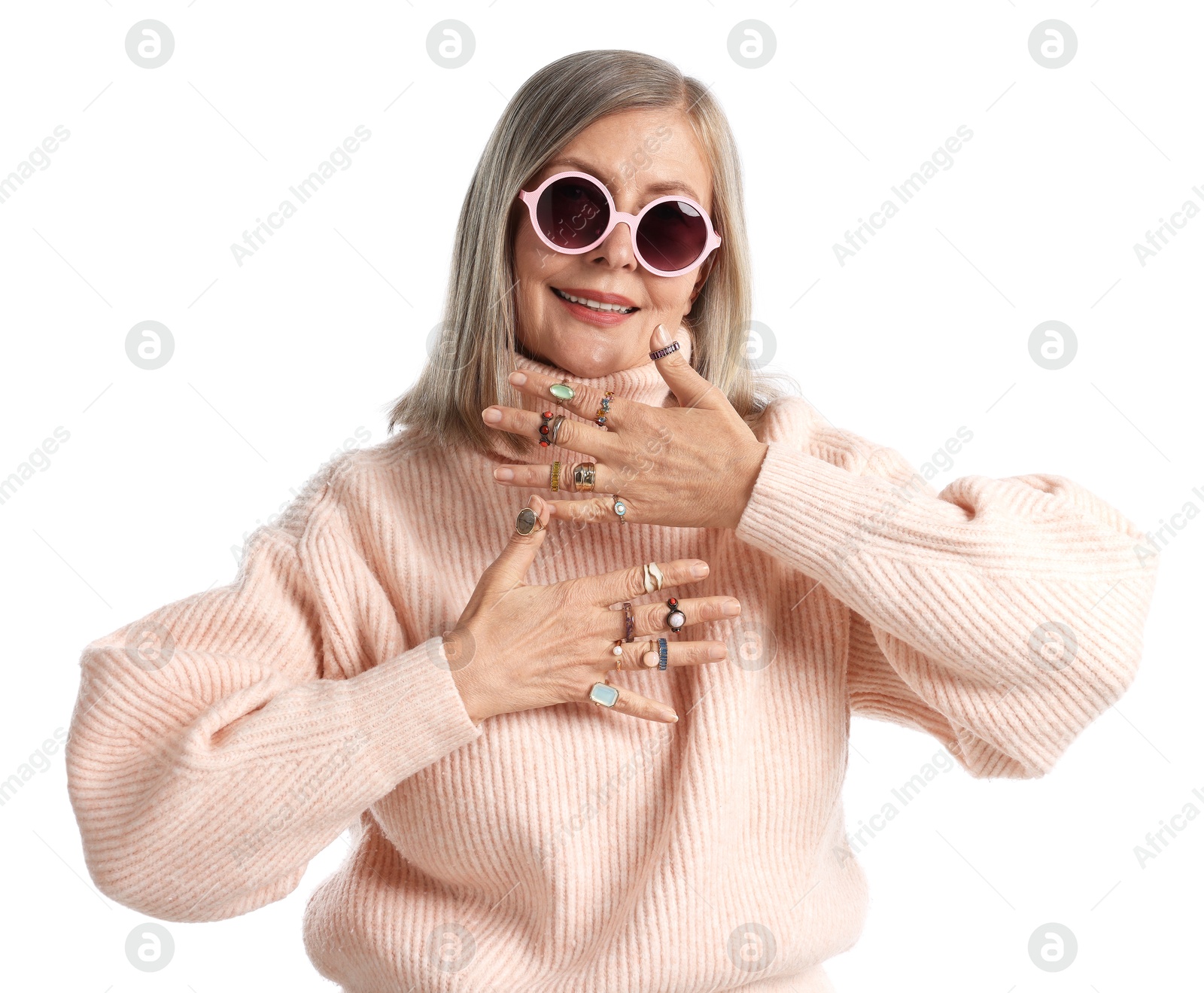 Senior woman wearing different rings on white background Photo of Senior woman wearing different rings on white background