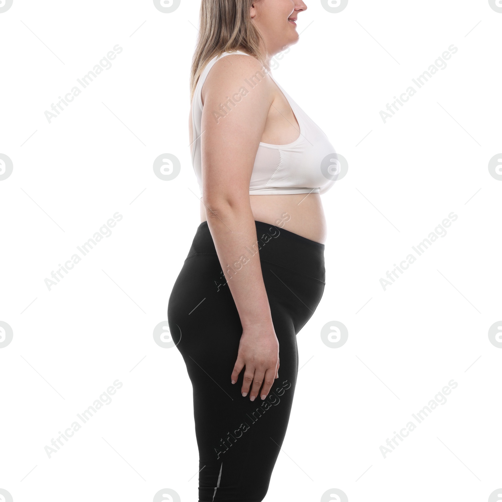 Weight loss. Plus size woman on white background, closeup Photo of Weight loss. Plus size woman on white background, closeup