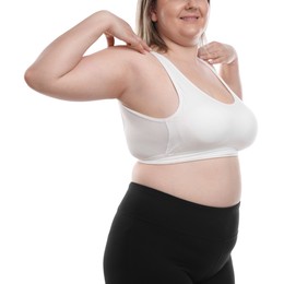 Photo of Weight loss. Plus size woman on white background, closeup