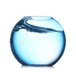 Photo of Glass aquarium with splashing water isolated on white