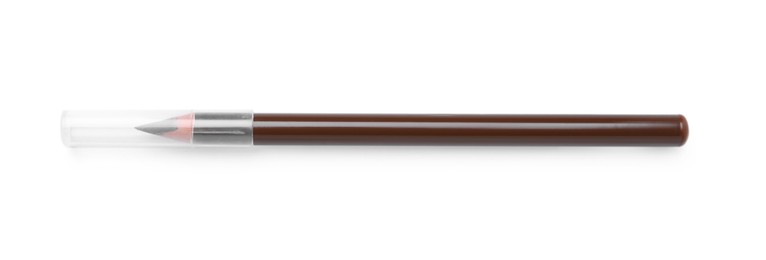Photo of Brown eyebrow pencil isolated on white, top view