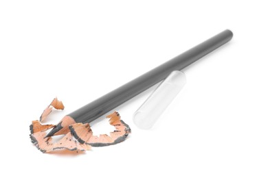 Photo of Beautiful eyebrow pencil and shavings isolated on white
