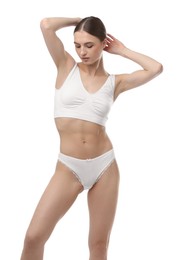 Photo of Woman wearing beautiful underwear on white background