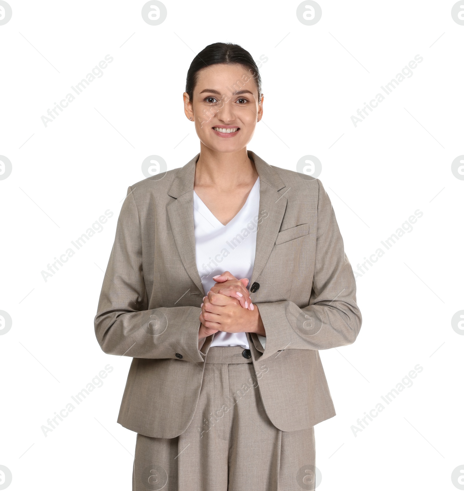 Confident business woman in suit on white background Photo of Confident business woman in suit on white background