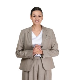 Photo of Confident business woman in suit on white background