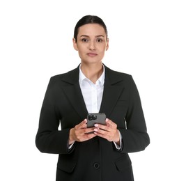 Photo of Confident business woman in suit with smartphone on white background