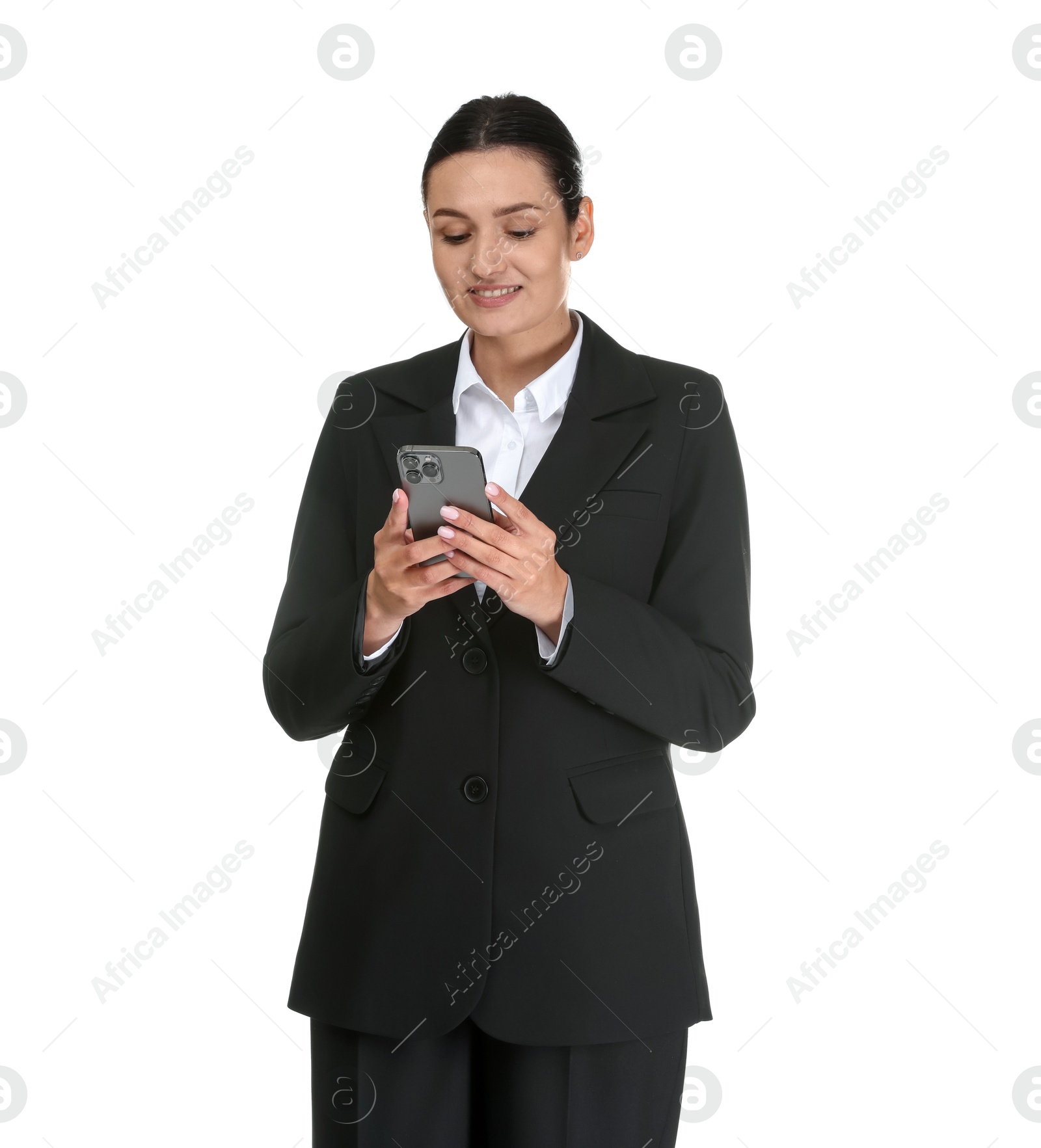 Confident business woman in suit with smartphone on white background Photo of Confident business woman in suit with smartphone on white background