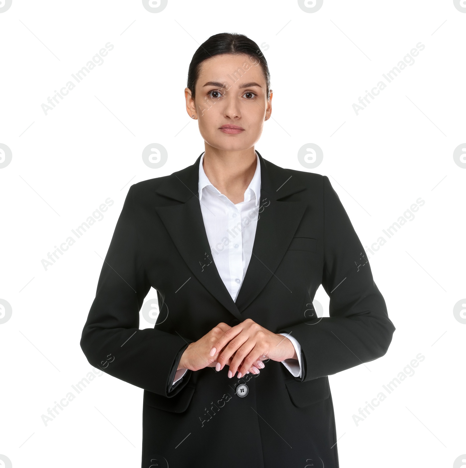 Confident business woman in suit on white background Photo of Confident business woman in suit on white background