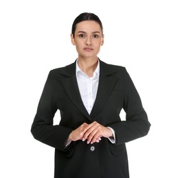 Photo of Confident business woman in suit on white background