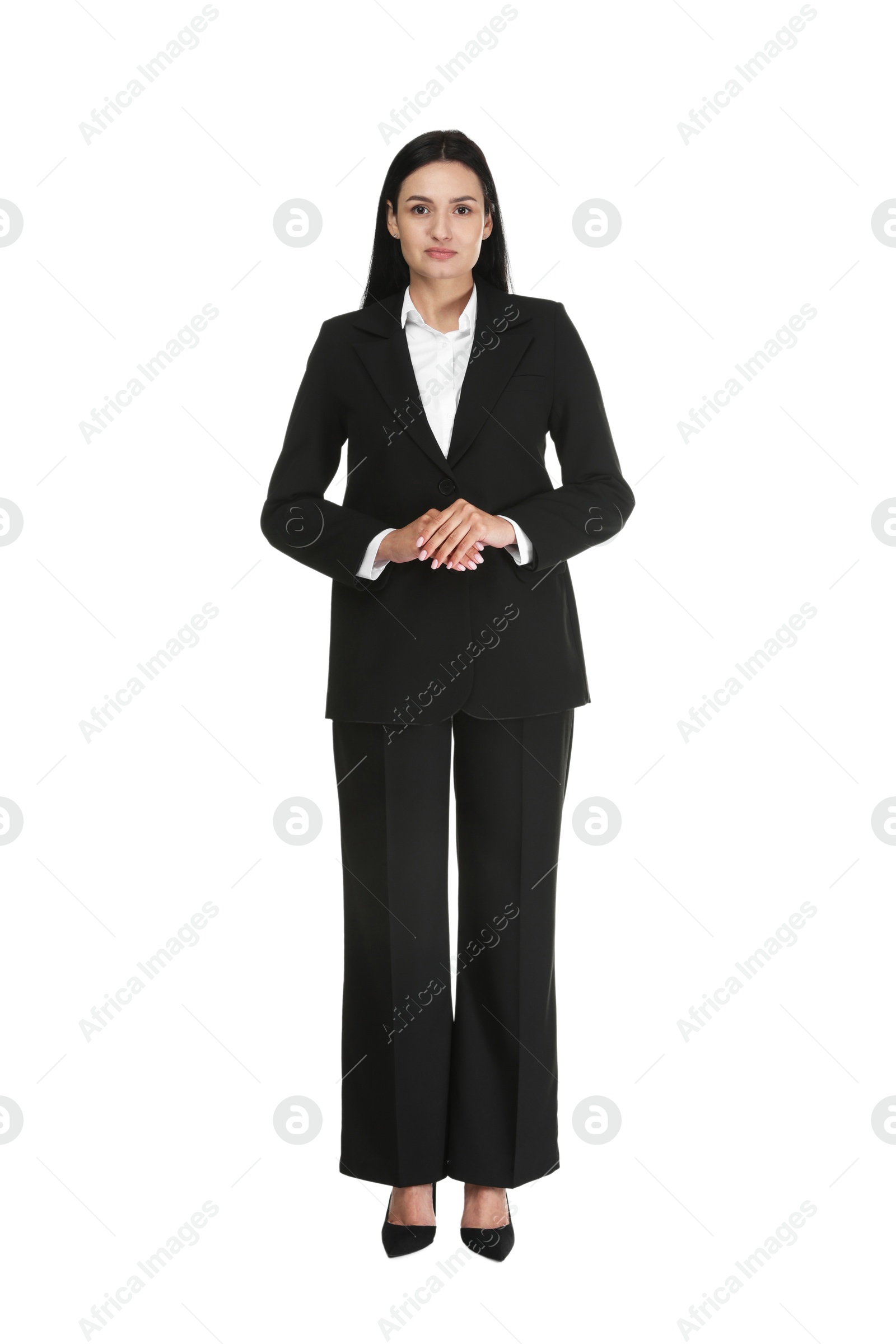 Confident business woman in suit on white background Photo of Confident business woman in suit on white background
